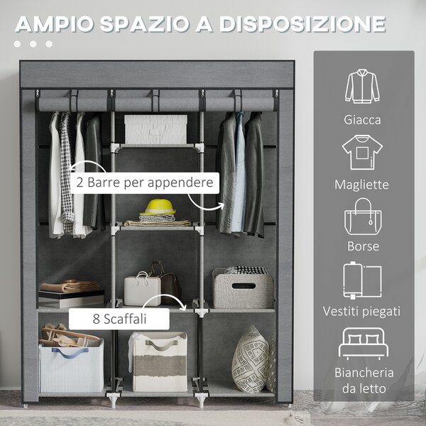 HOMCOM Guardaroba in Tessuto non Tessuto e Acciaio con 8 Ripiani e 2 Barre, 125x43x162.5 cm, Grigio Carbone