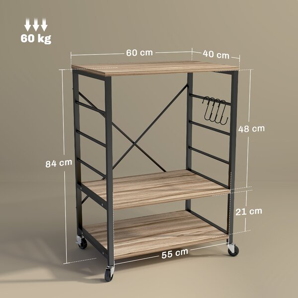 HOMCOM Scaffale da Cucina a 3 Livelli con Ruote e 4 Ganci, Industriale e Struttura in Acciaio,Telaio del carrellino, 60x40x84cm, Teak|Aosom Italy