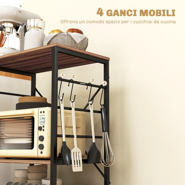 HOMCOM Scaffale da Cucina a 3 Livelli con Ruote e 4 Ganci, Industriale e Struttura in Acciaio,Telaio del carrellino, 60x40x84cm, Teak|Aosom Italy