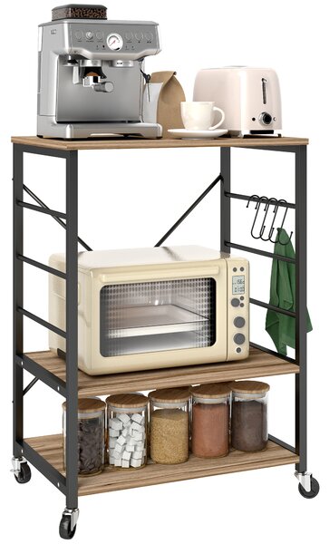 HOMCOM Scaffale da Cucina a 3 Livelli con Ruote e 4 Ganci, Industriale e Struttura in Acciaio,Telaio del carrellino, 60x40x84cm, Teak|Aosom Italy