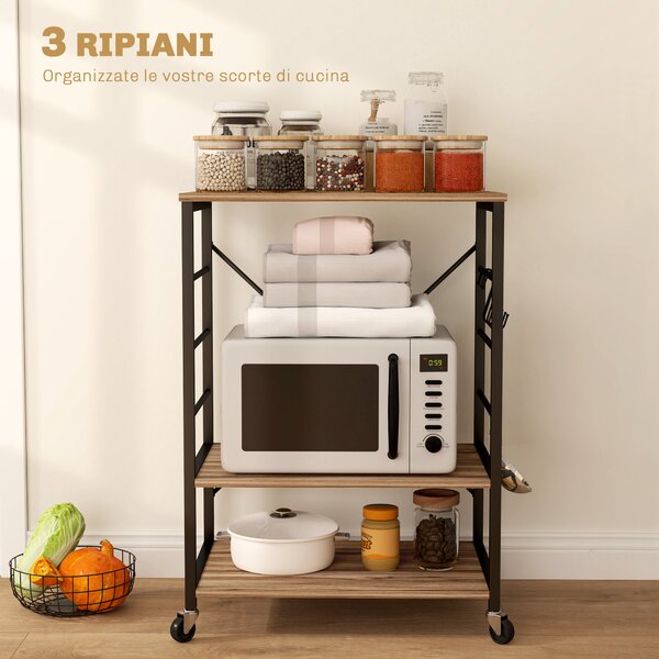 HOMCOM Scaffale da Cucina a 3 Livelli con Ruote e 4 Ganci, Industriale e Struttura in Acciaio,Telaio del carrellino, 60x40x84cm, Teak|Aosom Italy