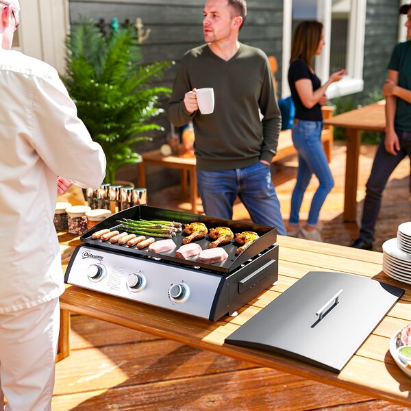 Outsunny Piastra a Gas in Acciaio Smaltato con 3 Bruciatori Potenza 7.5kW, 3 Zone di Cottura e Coperchio, Nero