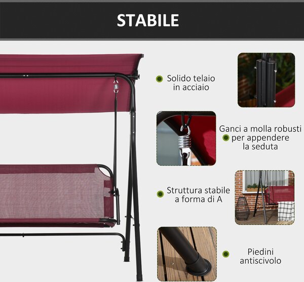 Outsunny Dondolo da Giardino 3 Posti in Acciaio con Tetto Parasole in Poliestere, 172x110x153 cm, Rosso e Nero