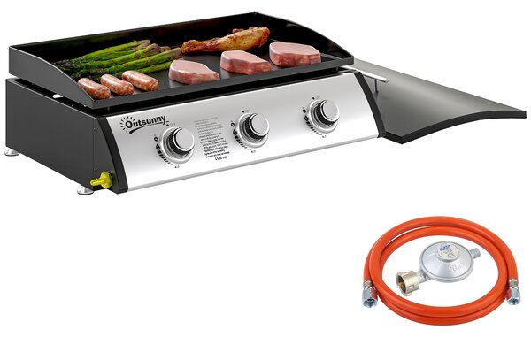 Outsunny Piastra a Gas in Acciaio Smaltato con 3 Bruciatori Potenza 7.5kW, 3 Zone di Cottura e Coperchio, Nero