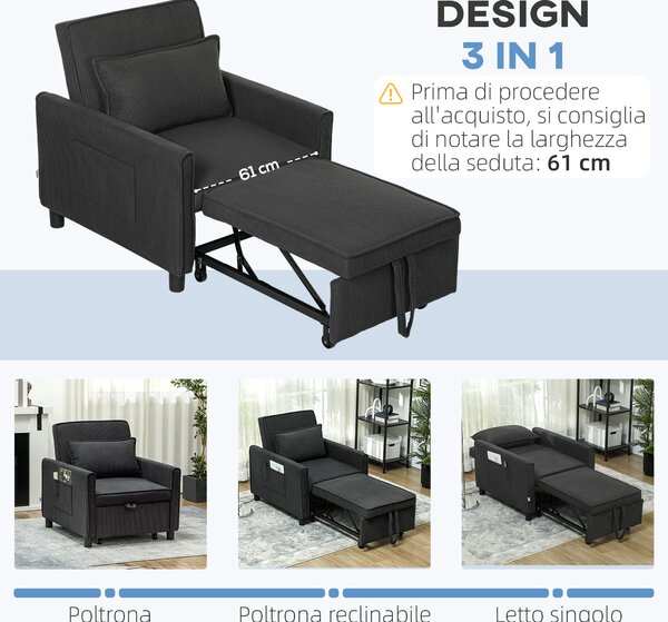 HOMCOM Poltrona Letto Reclinabile con Tasche Laterali, in Tessuto Effetto Velluto, 74x84x81 cm, Grigio Scuro