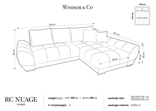 Divano letto angolare verde chiaro con rivestimento in velluto, angolo destro Nuage - Windsor & Co Sofas