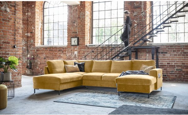 Divano letto a U in velluto giallo senape, angolo sinistro Lofty Lilly - Miuform