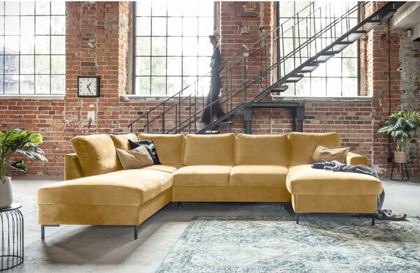Divano letto a U in velluto giallo senape, angolo sinistro Lofty Lilly - Miuform