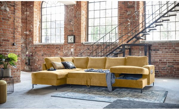 Divano letto a U in velluto giallo senape, angolo sinistro Lofty Lilly - Miuform