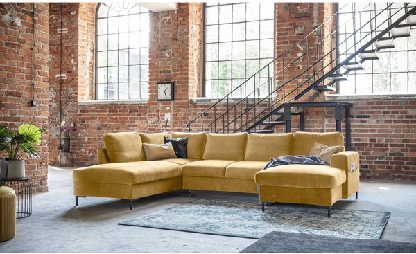 Divano letto a U in velluto giallo senape, angolo sinistro Lofty Lilly - Miuform