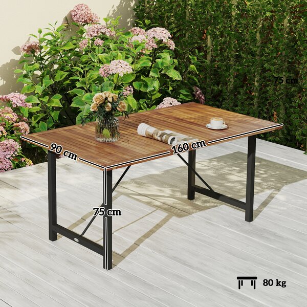 Outsunny Tavolo da Giardino 160x90 cm in Legno di Acacia e Acciaio con Piano a Doghe, Teak