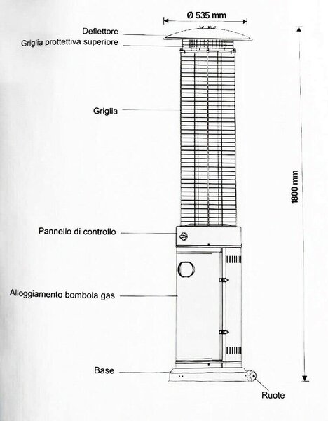 Globex Stufa a Gas per Bombola GPL da Esterno Infrarossi Fungo Riscaldante Potenza 11 kW con Ruote colore Nero - 48259 VOLCANO