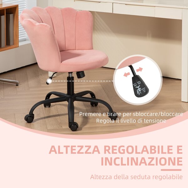 HOMCOM Sedia da Ufficio con Schienale a Petalo Senza Braccioli con Altezza Regolabile, Rivestimento in Velluto, Rosa