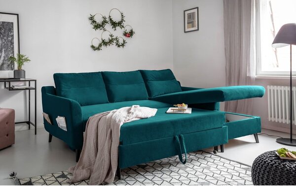 Divano letto angolare in velluto turchese, angolo destro Stylish Stan - Miuform