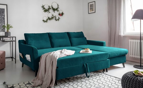 Divano letto angolare in velluto turchese, angolo destro Stylish Stan - Miuform