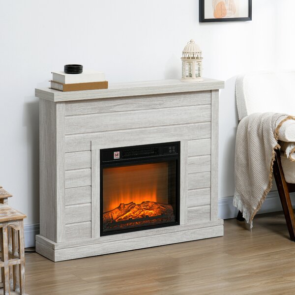 HOMCOM Camino Elettrico 1800W con Effetto Fiamma e Telecomando, in Legno, Metallo e Vetro, 96.5x22x81.7 cm, Grigio Chiaro