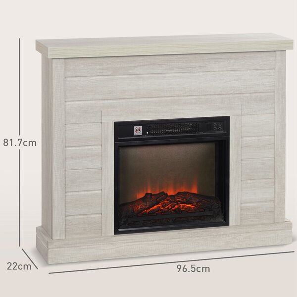 HOMCOM Camino Elettrico 1800W con Effetto Fiamma e Telecomando, in Legno, Metallo e Vetro, 96.5x22x81.7 cm, Grigio Chiaro