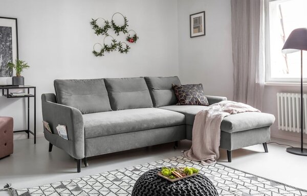 Divano letto angolare in velluto grigio chiaro, angolo destro Stylish Stan - Miuform