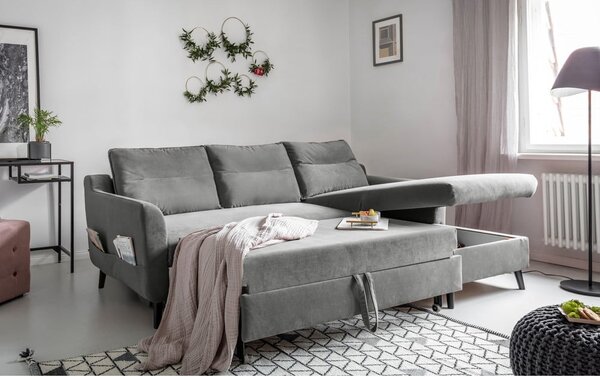 Divano letto angolare in velluto grigio chiaro, angolo destro Stylish Stan - Miuform