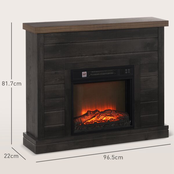 HOMCOM Camino Elettrico 1800W con Effetto Fiamma e Telecomando, in Legno, Metallo e Vetro, 96.5x22x81.7 cm, Grigio Scuro | Aosom Italy