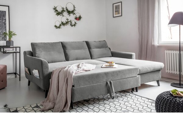 Divano letto angolare in velluto grigio chiaro, angolo destro Stylish Stan - Miuform