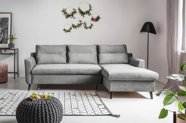Divano letto angolare in velluto grigio chiaro, angolo destro Stylish Stan - Miuform