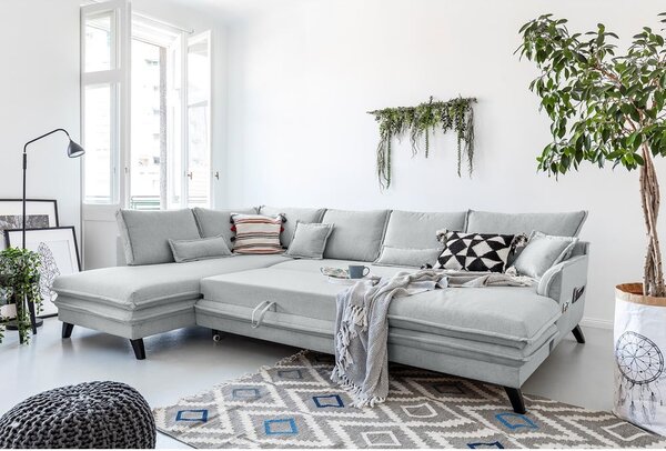 Divano letto a U grigio chiaro, angolo sinistro Charming Charlie - Miuform