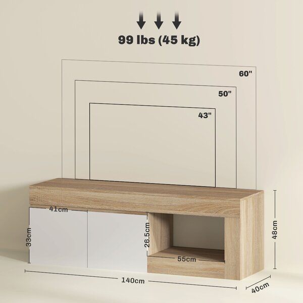 HOMCOM Mobile Porta TV 60" con Armadietto 2 Ante e Ripiano Aperto, 140x40x48 cm, Legno Naturale