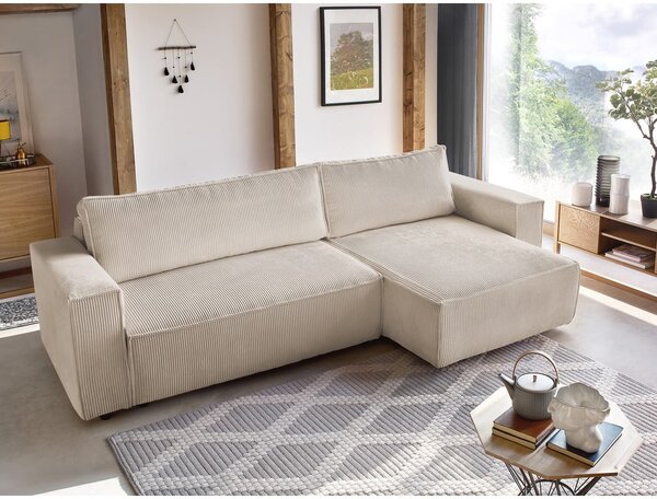 Divano letto in velluto a coste bianco e beige divano letto angolare Nihad - Bobochic Paris