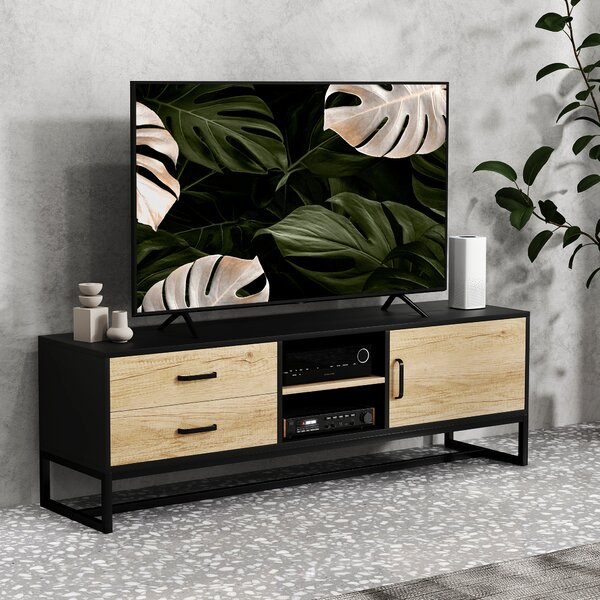 HOMCOM Mobile Porta TV 60" con Armadietto, 2 Cassetti e Ripiani Aperti, 140x35x45 cm, Legno Naturale