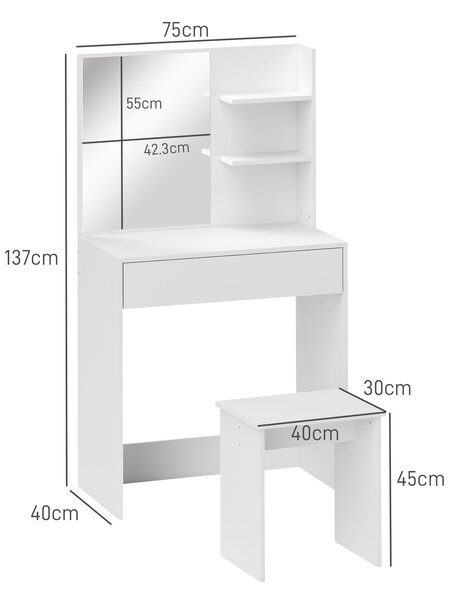HOMCOM Tavolo da Trucco a 3 Ripiani e Cassetti con Specchio e Sgabello, in Truciolato, 75x40x137 cm, Bianco