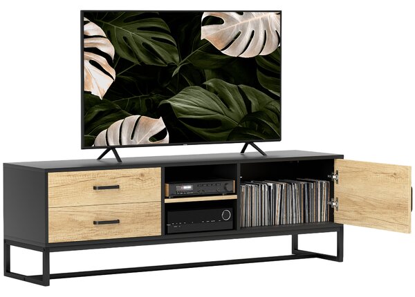 HOMCOM Mobile Porta TV 60" con Armadietto, 2 Cassetti e Ripiani Aperti, 140x35x45 cm, Legno Naturale