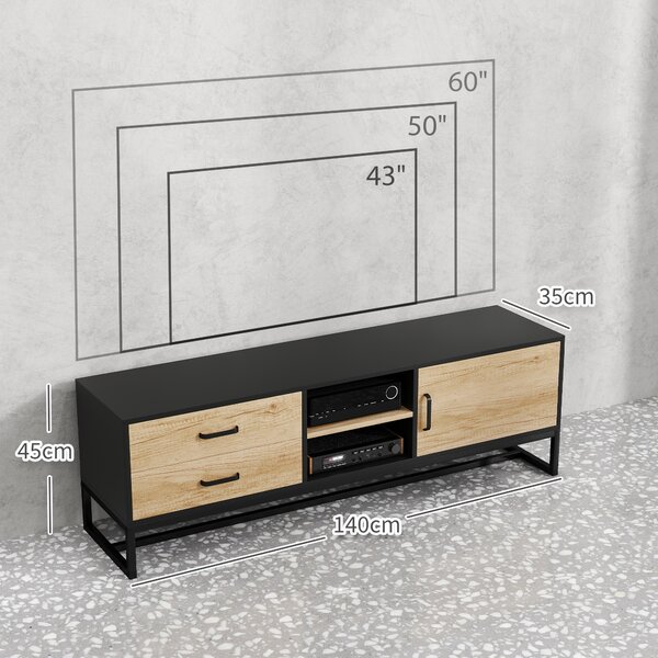 HOMCOM Mobile Porta TV 60" con Armadietto, 2 Cassetti e Ripiani Aperti, 140x35x45 cm, Legno Naturale