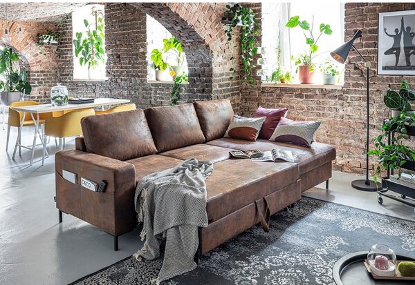 Divano letto vintage in similpelle marrone, angolo destro Lofty Lilly - Miuform