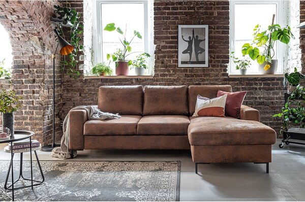 Divano letto vintage in similpelle marrone, angolo destro Lofty Lilly - Miuform