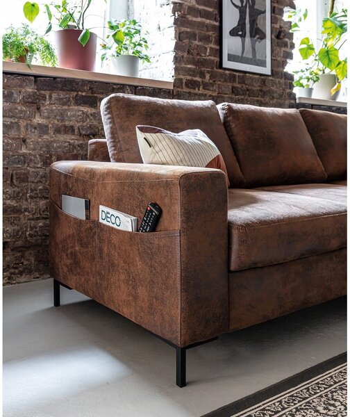 Divano letto vintage in similpelle marrone, angolo destro Lofty Lilly - Miuform