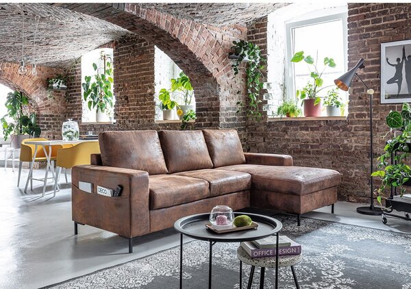 Divano letto vintage in similpelle marrone, angolo destro Lofty Lilly - Miuform