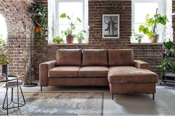 Divano letto vintage in similpelle marrone, angolo destro Lofty Lilly - Miuform