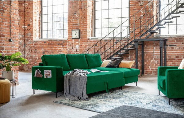 Divano letto angolare in velluto verde, angolo destro Lofty Lilly - Miuform