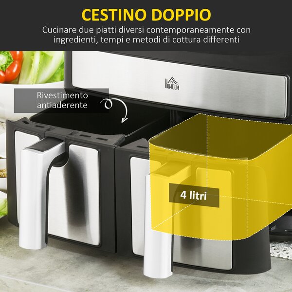 HOMCOM Friggitrice ad Aria 8L con Timer e Temperatura Regolabile, in Acciaio e Plastica, 38.8L x 36.3x31.1 cm, Nero|Aosom