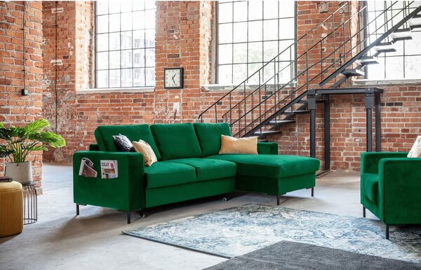 Divano letto angolare in velluto verde, angolo destro Lofty Lilly - Miuform
