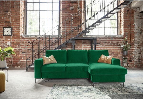 Divano letto angolare in velluto verde, angolo destro Lofty Lilly - Miuform