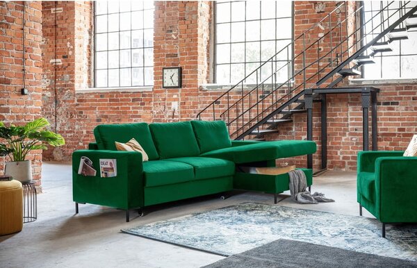 Divano letto angolare in velluto verde, angolo destro Lofty Lilly - Miuform