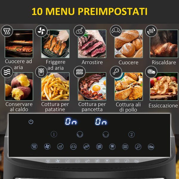 HOMCOM Friggitrice ad Aria 8L con Timer e Temperatura Regolabile, in Acciaio e Plastica, 38.8L x 36.3x31.1 cm, Nero|Aosom