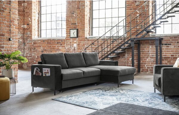 Divano letto angolare in velluto grigio scuro, angolo destro Lofty Lilly - Miuform