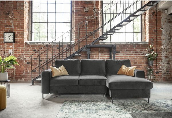 Divano letto angolare in velluto grigio scuro, angolo destro Lofty Lilly - Miuform