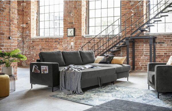Divano letto angolare in velluto grigio scuro, angolo destro Lofty Lilly - Miuform