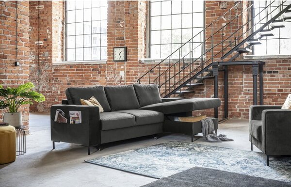Divano letto angolare in velluto grigio scuro, angolo destro Lofty Lilly - Miuform