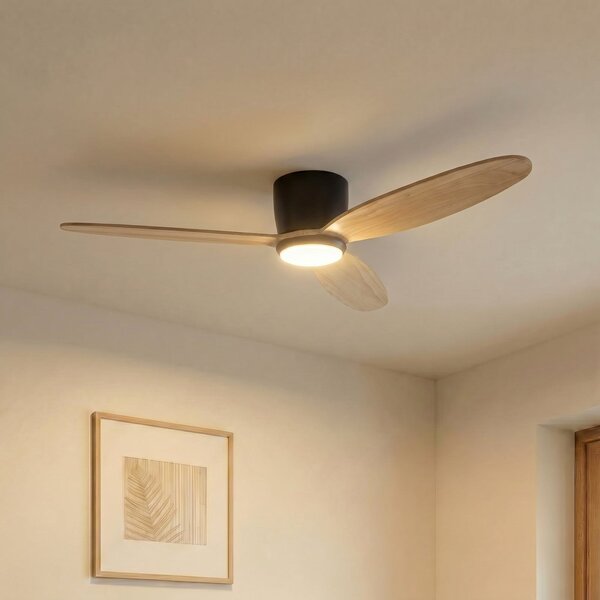 Ventilatore da soffitto LED Lignia, nero/legno, CCT, dimmerabile, Ø 132 cm, DC Lucande, Lignia, dimmerabile, Legno, Soggiorno, Legno, Scandinavo