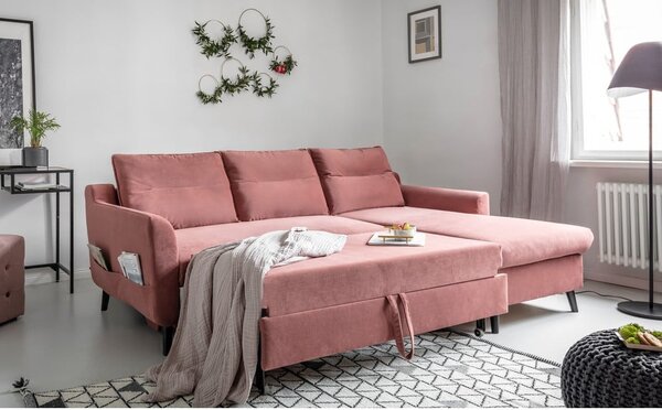 Divano letto angolare in velluto rosa, angolo destro Stylish Stan - Miuform